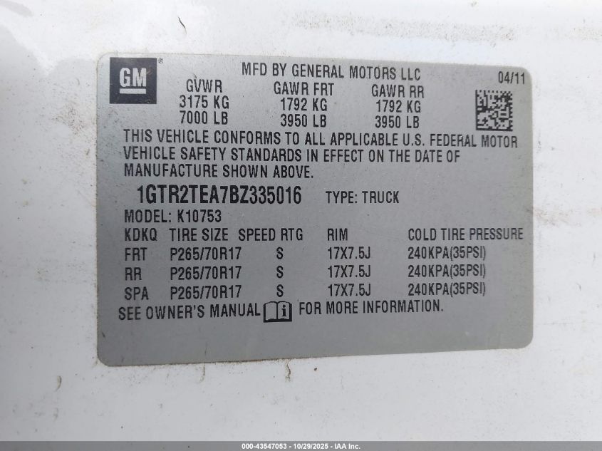 2011 GMC Sierra 1500 Work Truck VIN: 1GTR2TEA7BZ335016 Lot: 43547053