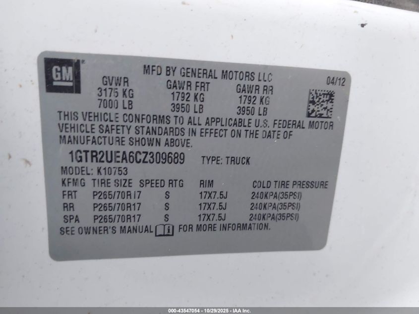 2012 GMC Sierra 1500 Sl VIN: 1GTR2UEA6CZ309689 Lot: 43547054