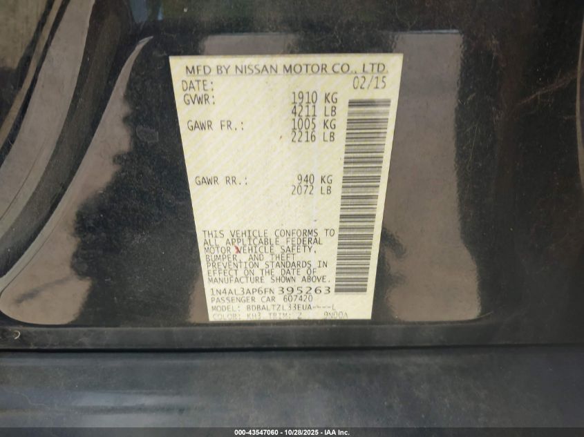 2015 Nissan Altima 2.5 Sl VIN: 1N4AL3AP6FN395263 Lot: 43547060