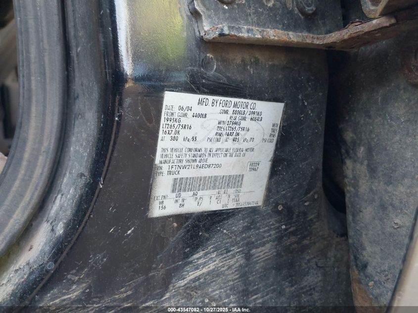2004 Ford F-250 Lariat/Xl/Xlt VIN: 1FTNW21L94ED87200 Lot: 43547082