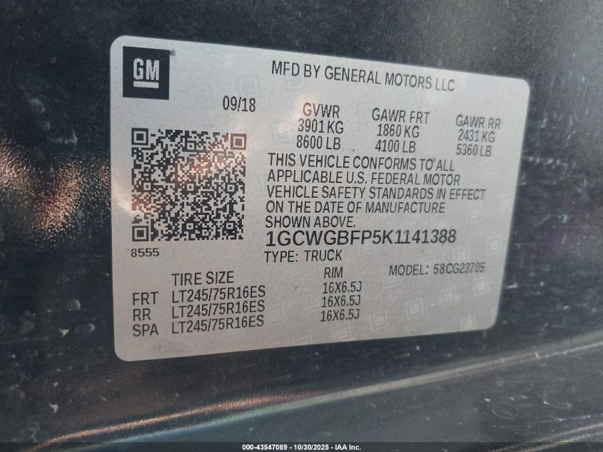 2019 Chevrolet Express 2500 Work Van VIN: 1GCWGBFP5K1141388 Lot: 43547089