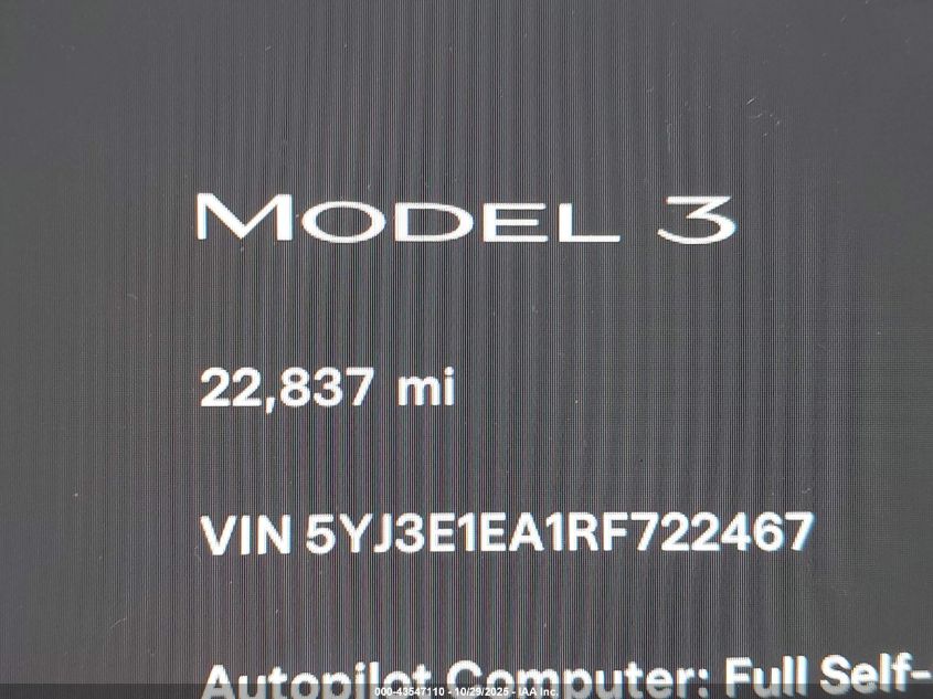 2024 Tesla Model 3 Long Range Dual Motor All-Wheel Drive/Rear-Wheel Drive VIN: 5YJ3E1EA1RF722467 Lot: 43547110
