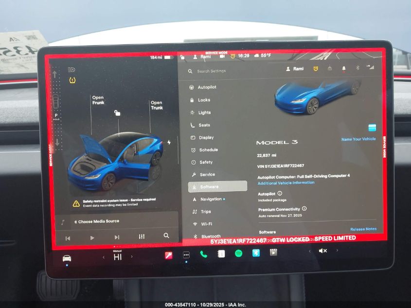 2024 Tesla Model 3 Long Range Dual Motor All-Wheel Drive/Rear-Wheel Drive VIN: 5YJ3E1EA1RF722467 Lot: 43547110