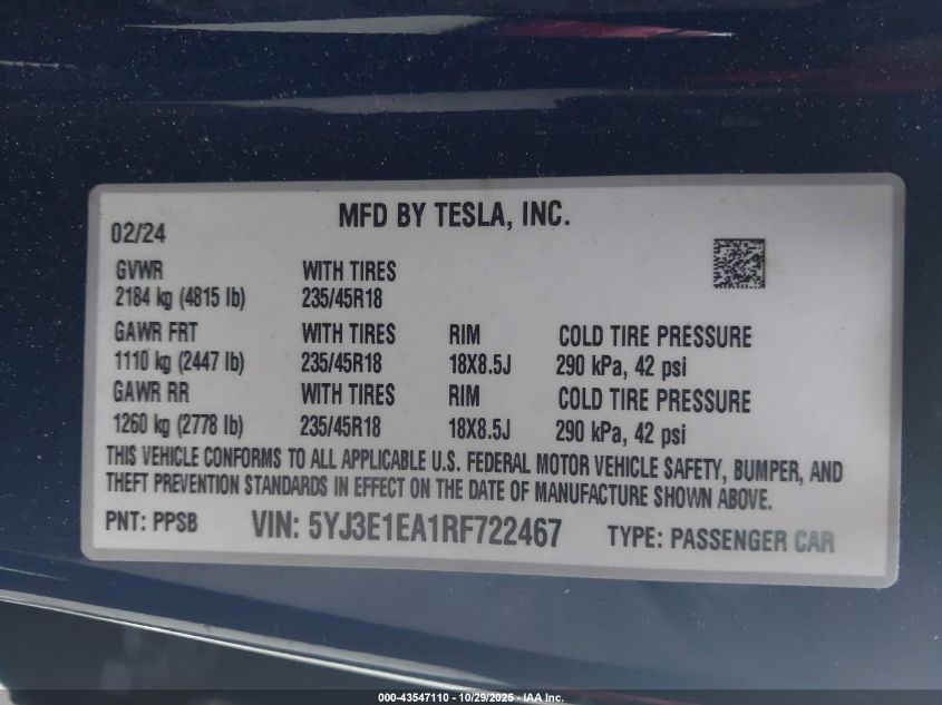 2024 Tesla Model 3 Long Range Dual Motor All-Wheel Drive/Rear-Wheel Drive VIN: 5YJ3E1EA1RF722467 Lot: 43547110