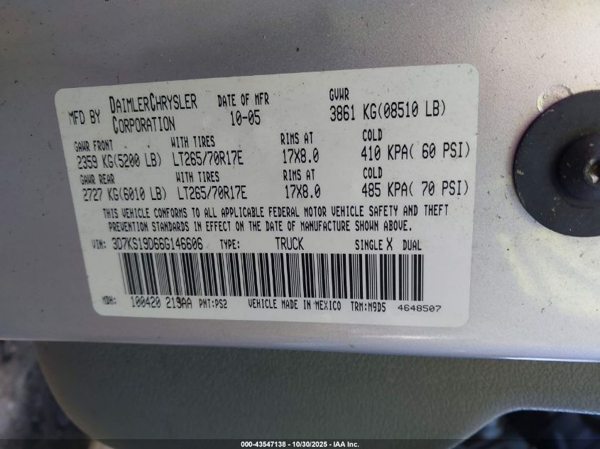 2006 Dodge Ram 1500 Slt VIN: 3D7KS19D66G146606 Lot: 43547138