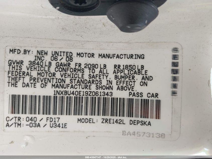 2009 Toyota Corolla S VIN: 1NXBU40E19Z061343 Lot: 43547147