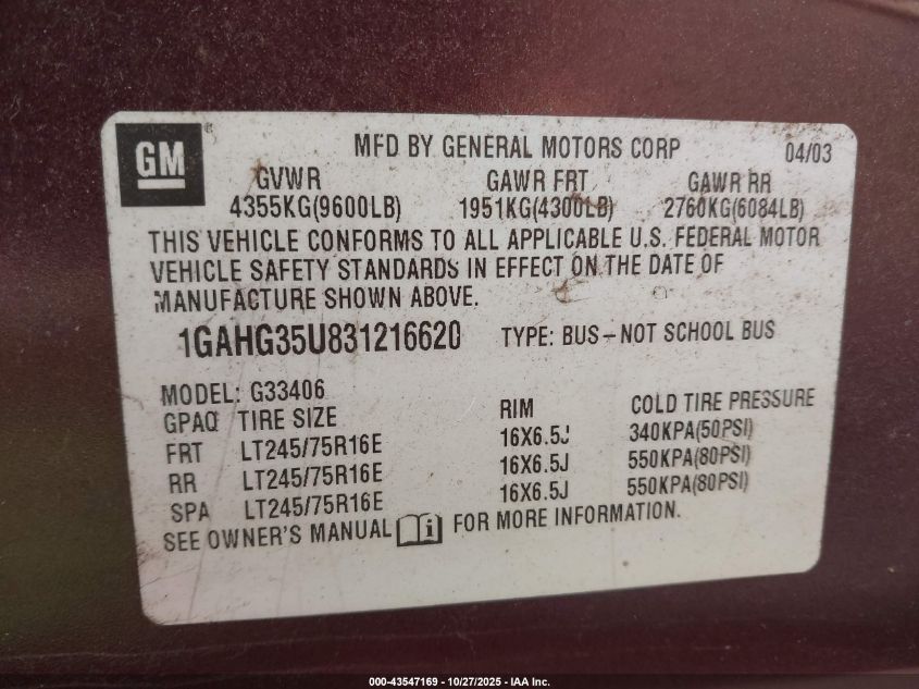 2003 Chevrolet Express VIN: 1GAHG35U831216620 Lot: 43547169