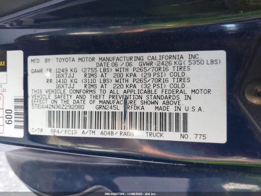 2006 Toyota Tacoma Base V6 VIN: 5TEUU42N36Z292080 Lot: 43547204