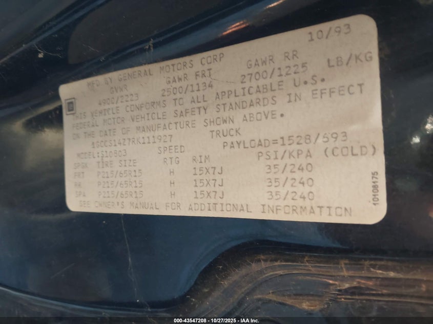 1GCCS14Z7RK111927 1994 CHEVROLET S-10 PICKUP photo no. 9