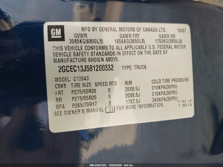 2008 Chevrolet Silverado 1500 Lt1 VIN: 2GCEC13J581200332 Lot: 43547222