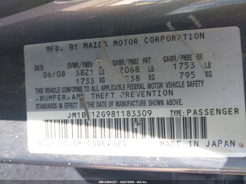 2008 Mazda Mazda3 I Sport VIN: JM1BK12G981183309 Lot: 43547237