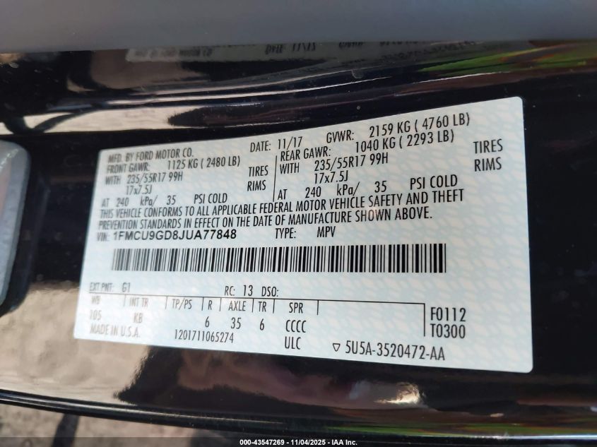 2018 Ford Escape Se VIN: 1FMCU9GD8JUA77848 Lot: 43547269