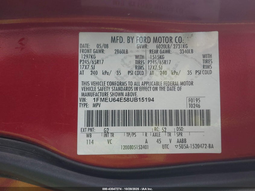 2008 Ford Explorer Eddie Bauer VIN: 1FMEU64E58UB15194 Lot: 43547274