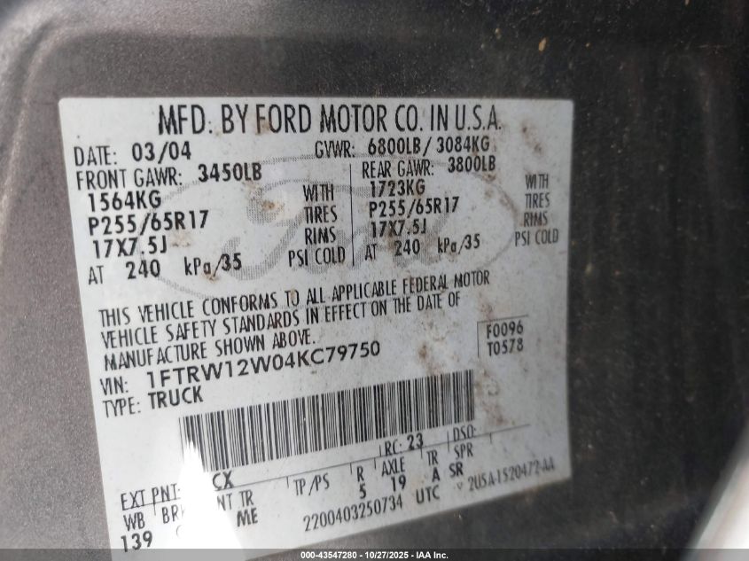 2004 Ford F-150 Xlt VIN: 1FTRW12W04KC79750 Lot: 43547280