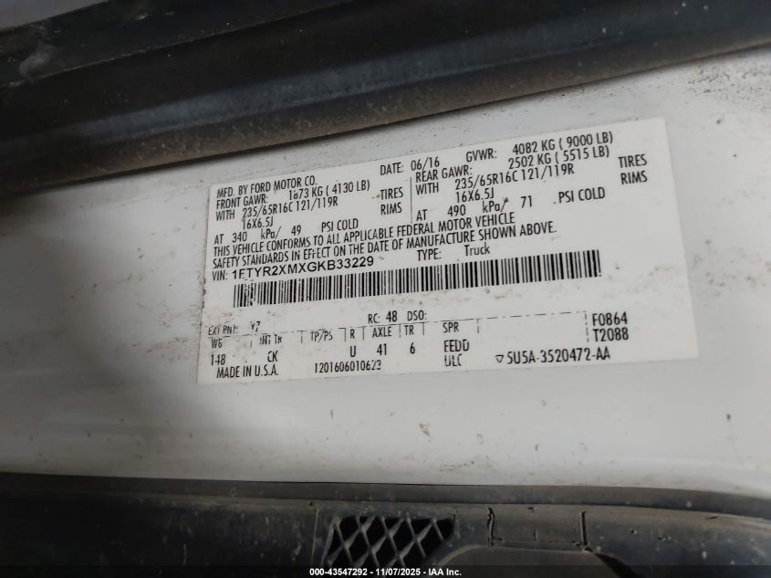 2016 Ford Transit-250 VIN: 1FTYR2XMXGKB33229 Lot: 43547292