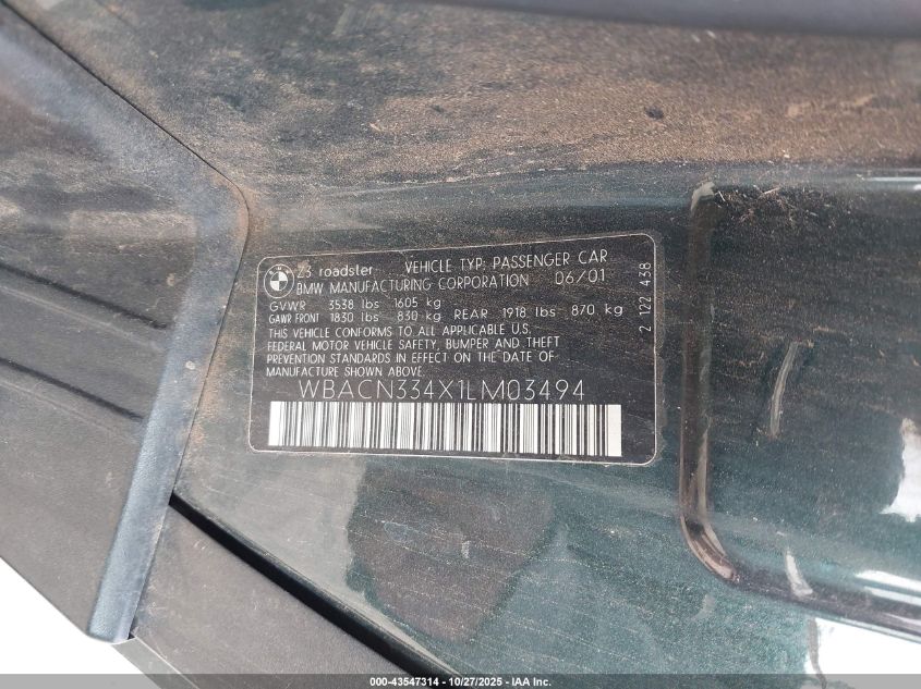 2001 BMW Z3 2.5I VIN: WBACN334X1LM03494 Lot: 43547314