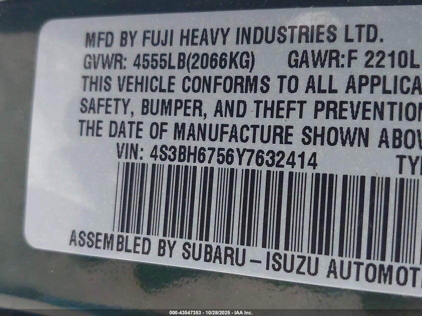 2000 Subaru Outback VIN: 4S3BH6756Y7632414 Lot: 43547353