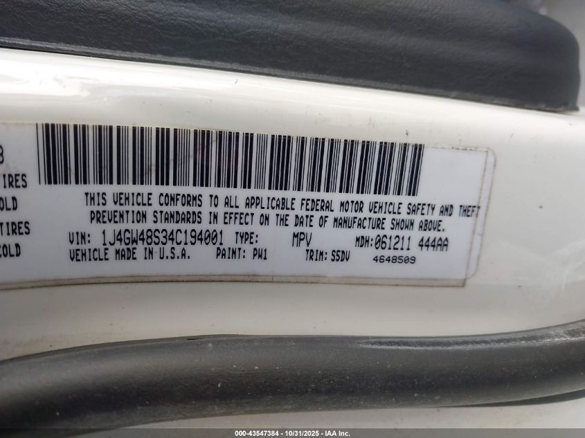 2004 Jeep Grand Cherokee Laredo VIN: 1J4GW48S34C194001 Lot: 43547384
