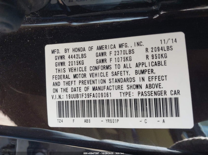 2015 Acura Tlx VIN: 19UUB1F39FA009061 Lot: 43547397