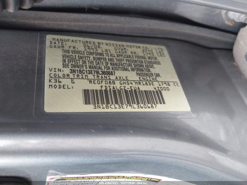 2009 Nissan Versa 1.8Sl VIN: 3N1BC13E79L360687 Lot: 43547423