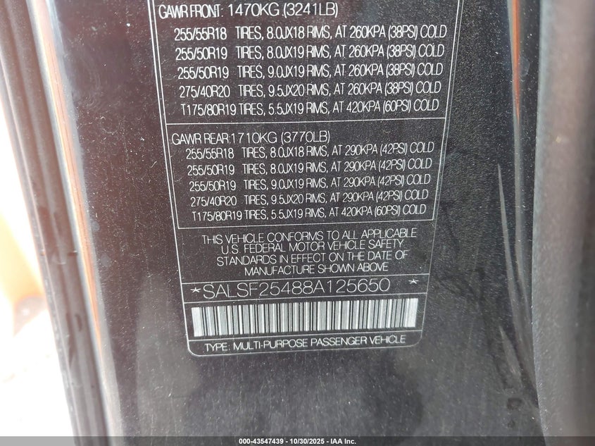 2008 Land Rover Range Rover Sport Hse VIN: SALSF25488A125650 Lot: 43547439