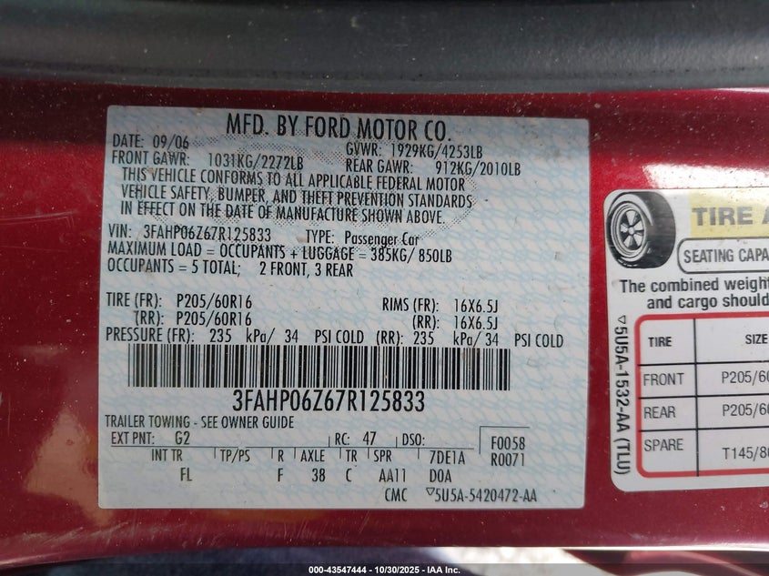 2007 Ford Fusion S VIN: 3FAHP06Z67R125833 Lot: 43547444