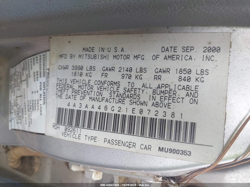 2001 Mitsubishi Galant Es VIN: 4A3AA46G21E072381 Lot: 43547455