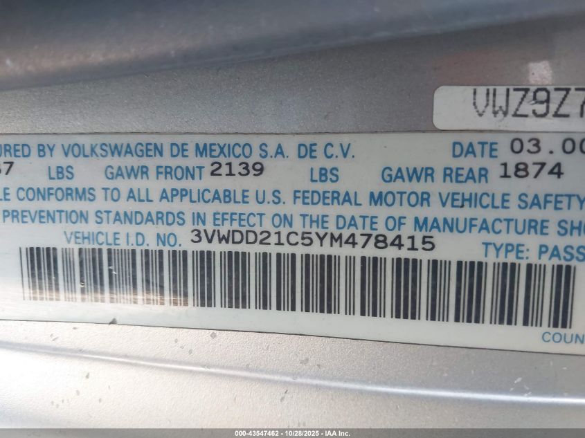 2000 Volkswagen New Beetle Glx VIN: 3VWDD21C5YM478415 Lot: 43547462