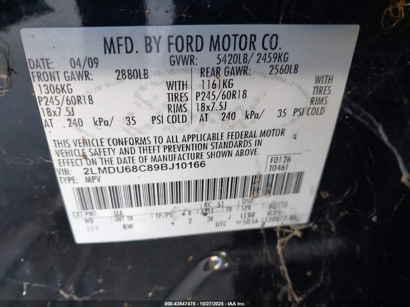 2009 Lincoln Mkx VIN: 2LMDU68C89BJ10166 Lot: 43547478