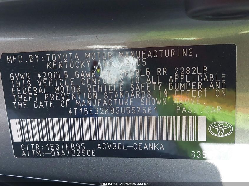 2005 Toyota Camry Le VIN: 4T1BE32K95U557561 Lot: 43547517