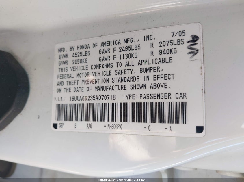 2005 Acura Tl VIN: 19UUA66235A070718 Lot: 43547523