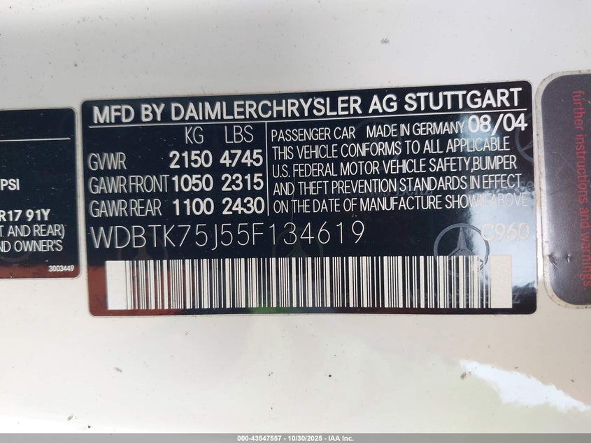 2005 Mercedes-Benz Clk 500 VIN: WDBTK75J55F134619 Lot: 43547557