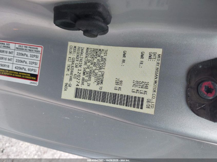 2009 Nissan Altima 2.5 S VIN: 1N4AL24E19C120274 Lot: 43547563