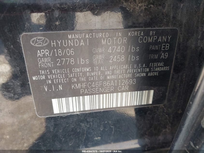 2006 Hyundai Azera Limited/Se VIN: KMHFC46F86A112693 Lot: 43547575