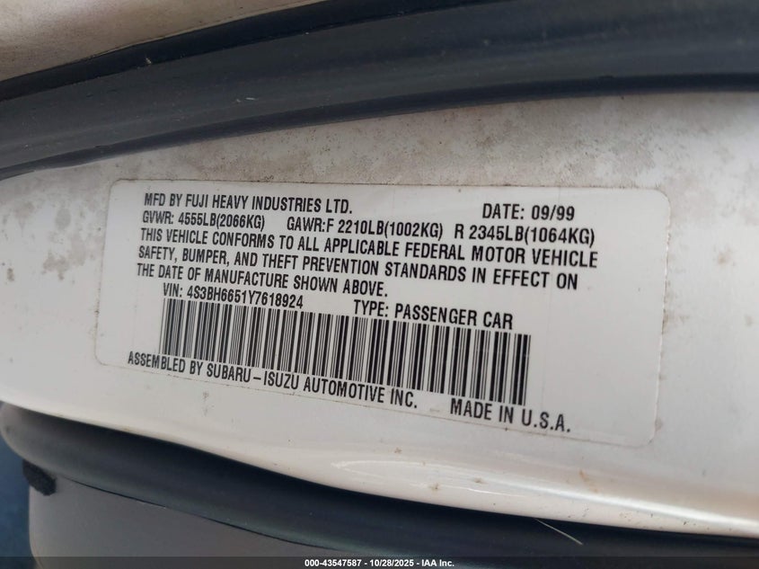 2000 Subaru Outback VIN: 4S3BH6651Y7618924 Lot: 43547587