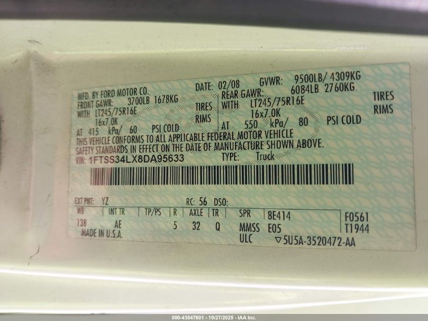 2008 Ford E-350 Super Duty Commercial/Recreational VIN: 1FTSS34LX8DA95633 Lot: 43547601