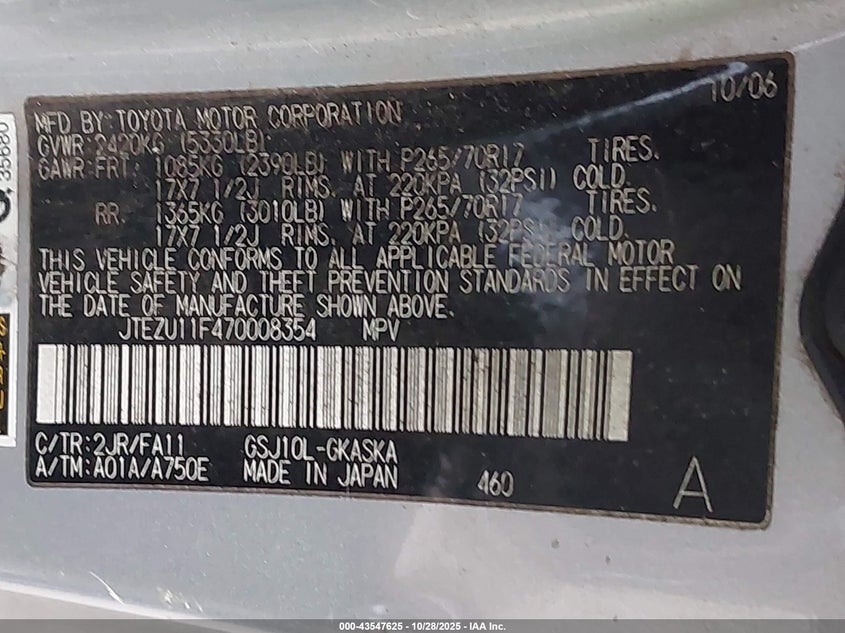 2007 Toyota Fj Cruiser VIN: JTEZU11F470008354 Lot: 43547625
