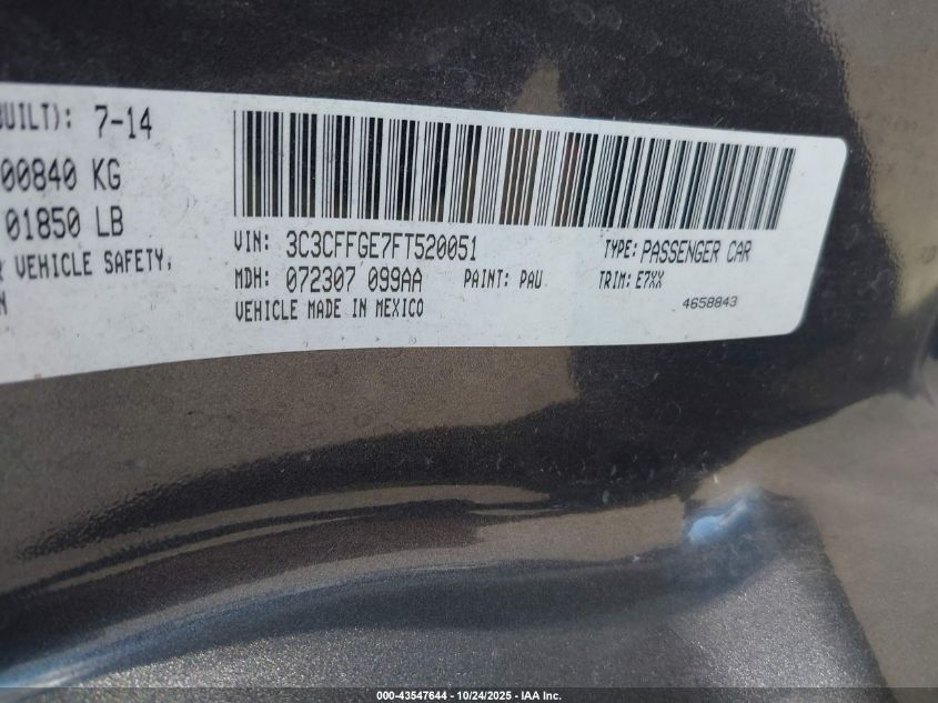 2015 Fiat 500E Battery Electric VIN: 3C3CFFGE7FT520051 Lot: 43547644