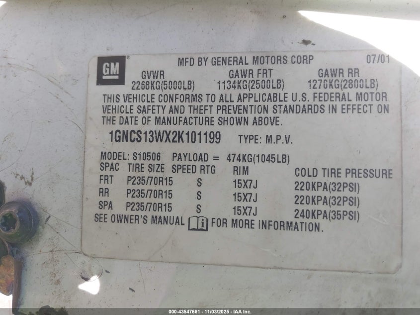 2002 Chevrolet Blazer Ls VIN: 1GNCS13WX2K101199 Lot: 43547661