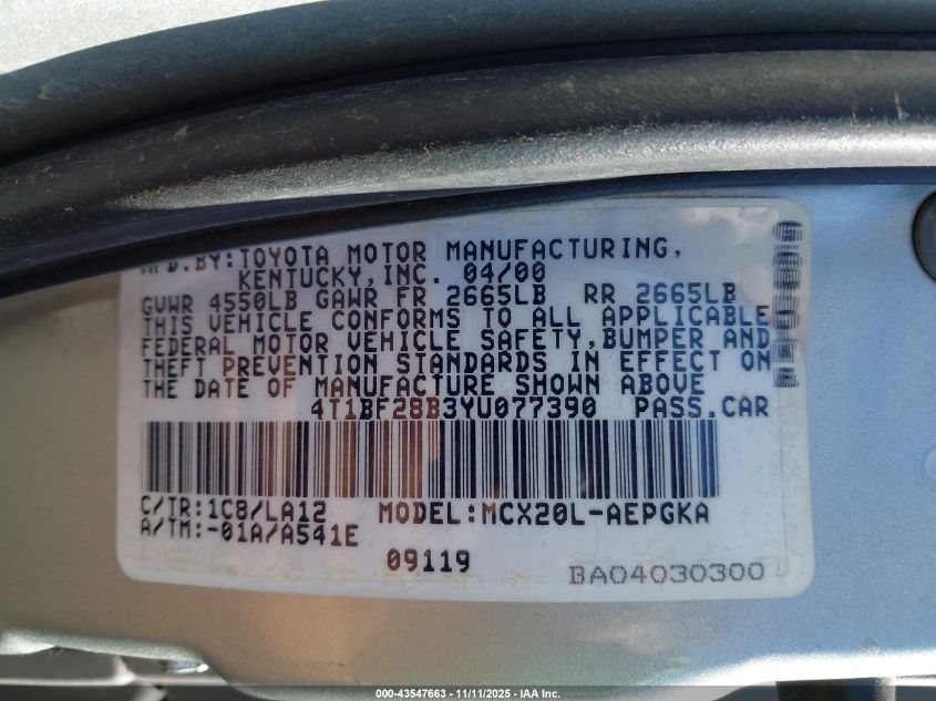 2000 Toyota Avalon Xls VIN: 4T1BF28B3YU077390 Lot: 43547663