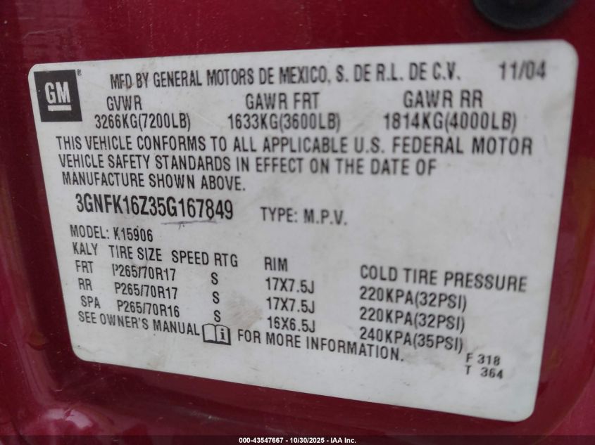 2005 Chevrolet Suburban 1500 Lt VIN: 3GNFK16Z35G167849 Lot: 43547667