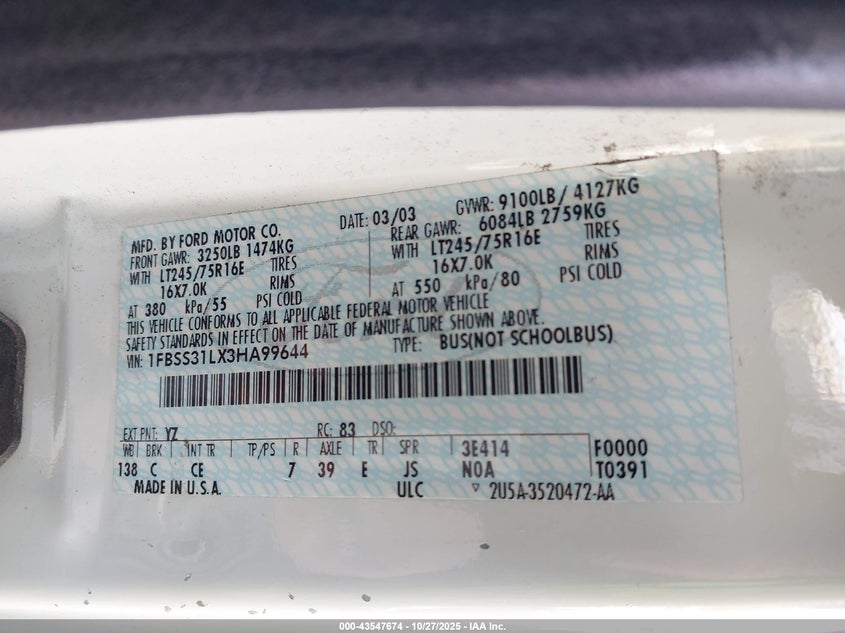 2003 Ford E-350 Super Duty Xl/Xlt VIN: 1FBSS31LX3HA99644 Lot: 43547674