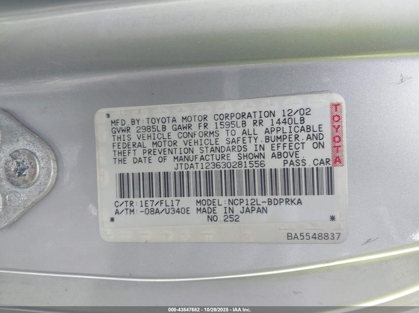 2003 Toyota Echo VIN: JTDAT123630281556 Lot: 43547682