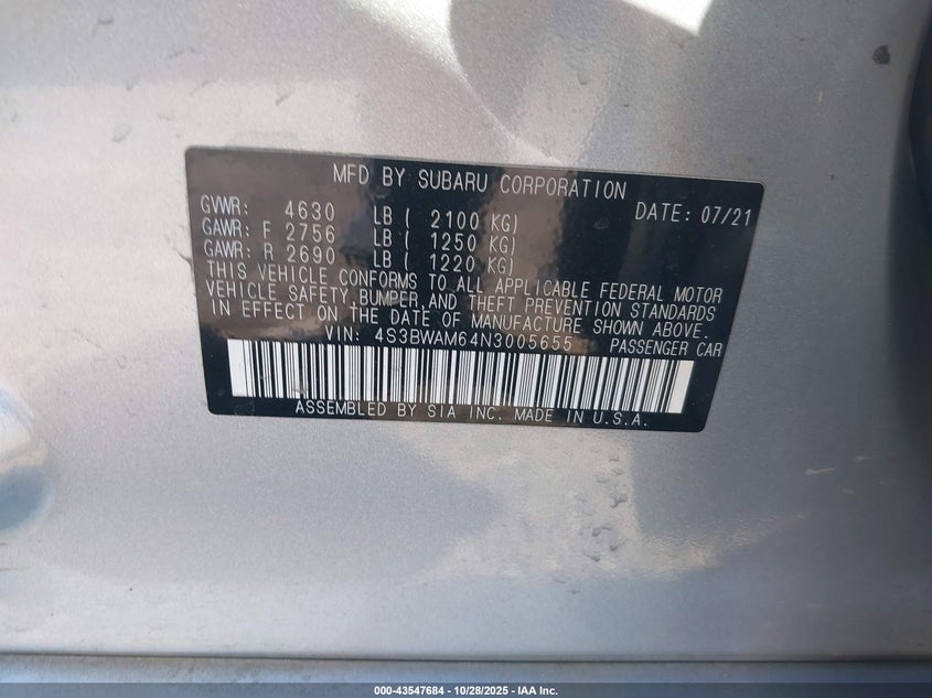 4S3BWAM64N3005655 2022 SUBARU LEGACY photo no. 9