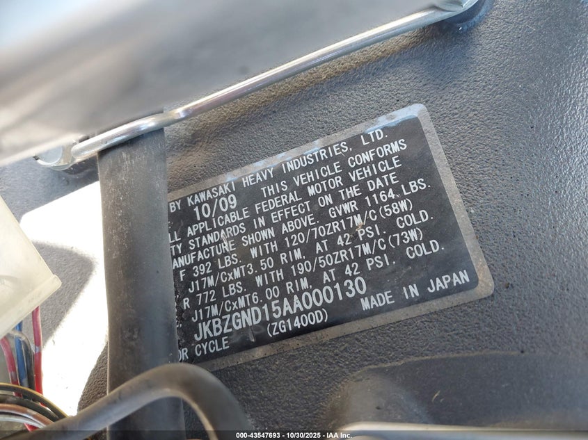 2010 Kawasaki Zg1400 D VIN: JKBZGND15AA000130 Lot: 43547693