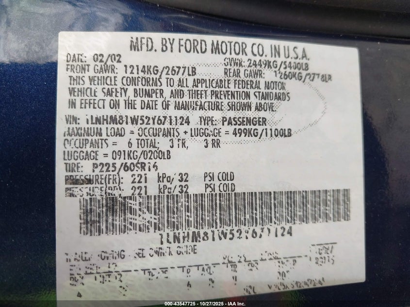 2002 Lincoln Town Car Executive VIN: 1LNHM81W52Y671124 Lot: 43547725