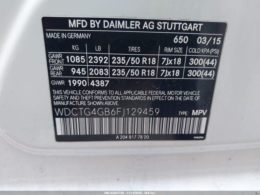 2015 Mercedes-Benz Gla 250 4Matic VIN: WDCTG4GB6FJ129459 Lot: 43547755