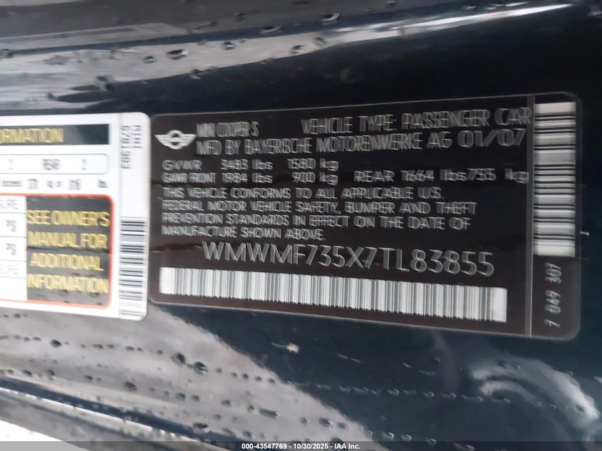 2007 Mini Cooper S VIN: WMWMF735X7TL83855 Lot: 43547769