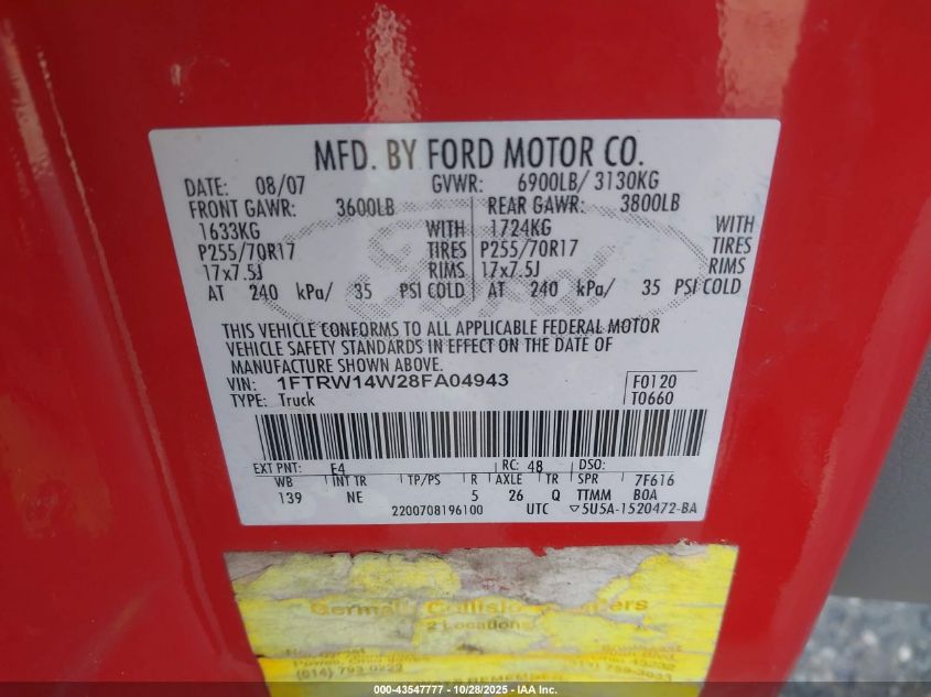 2008 Ford F-150 60Th Anniversary/Xl/Xlt VIN: 1FTRW14W28FA04943 Lot: 43547777