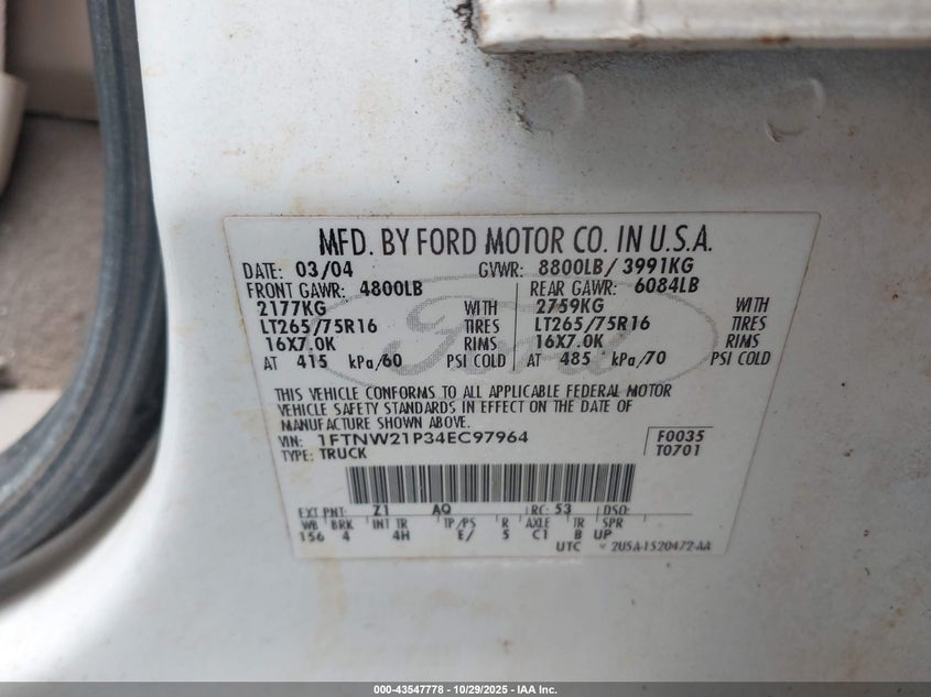 2004 Ford F-250 Lariat/Xl/Xlt VIN: 1FTNW21P34EC97964 Lot: 43547778